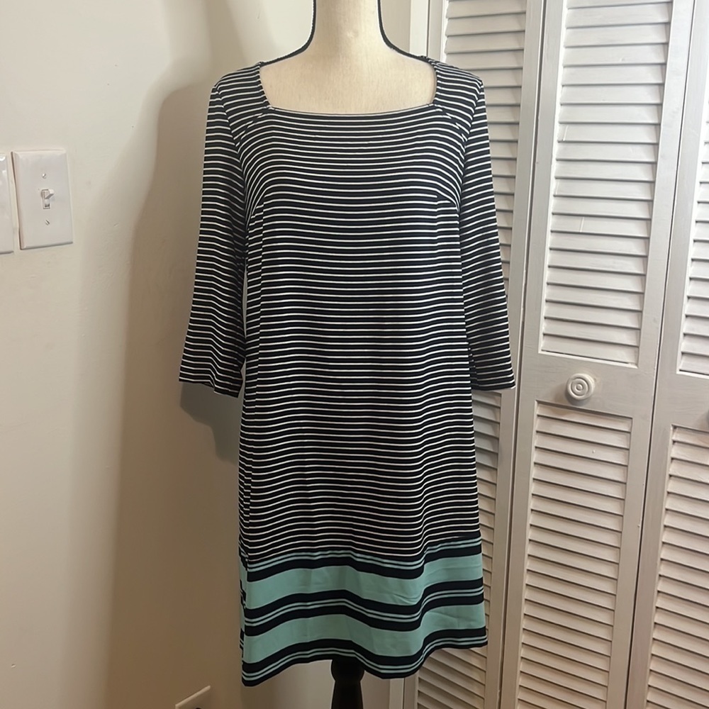 Merona Striped Navy and Blue with Teal Trim Mini Dress.  Size Medium
